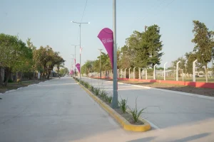 Vista de la avenida Caseros de Charata con doble carril e iluminación