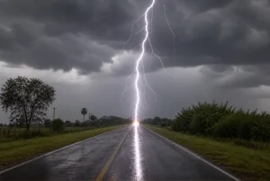 Un rayo cae sobre una ruta durante una tormenta eléctrica.