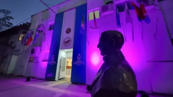 Fachada de la Legislatura del Chaco iluminada de violeta