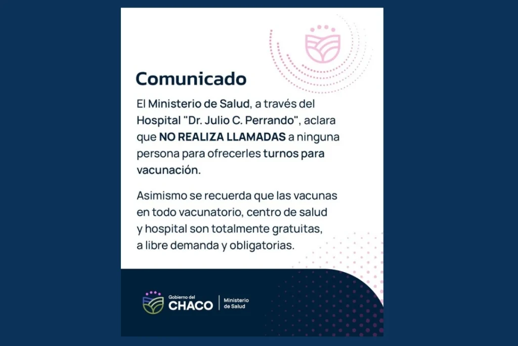 Comunicado del Ministerio de Salud del Chaco sobre falsos turnos de vacunación