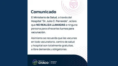 Comunicado del Ministerio de Salud del Chaco sobre falsos turnos de vacunación