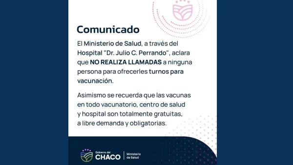 Comunicado del Ministerio de Salud del Chaco sobre falsos turnos de vacunación