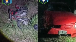Motocicleta y Volkswagen Gol dañados tras un choque en la Ruta 16