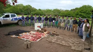 Personal policial junto a carne incautada durante un operativo rural en Presidencia de la Plaza