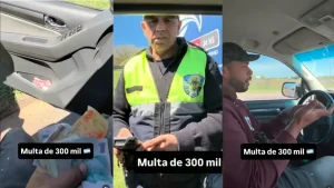 Collage de un control vial con un agente, un conductor y billetes de $300 mil