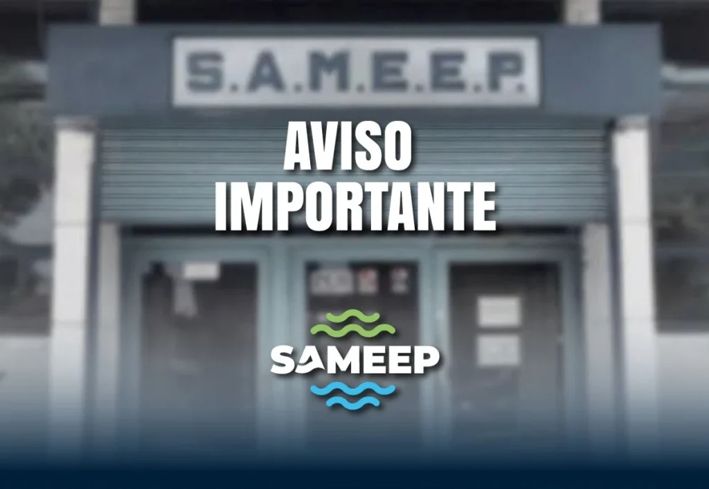 Aviso importante de Sameep sobre el servicio de agua, con la fachada de la empresa de fondo